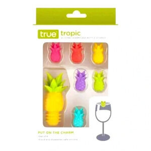 Pineapple Bottle Stopper Set and 6 Glass ID “Pineapple Charms” TRUE Silicone New